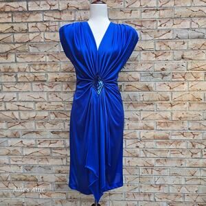 Vintage Royal Blue A Line Fit Silky Flowy Sequin V Neck Midi Party Dress 9/10*